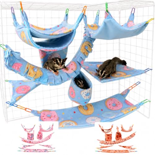 8 Pcs Sugar Glider Cage Set, Small Animal Fleece Hammock Set, Hanging Bed, Climbing Bridge and Toys for Sugar Gliders, Fancy Rats, Squirrels,Ferrets,Blue7126-2 - color: Blue