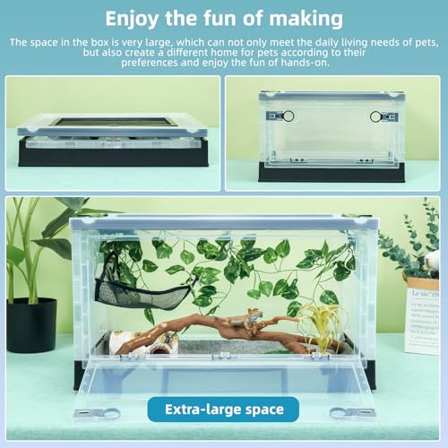 22" Foldable Mesh Reptile Terrarium for Bearded Dragon & Gecko | High-temp resistant mesh; foldable design for portability. Clear panels allow 360° views. Fits lizards, geckos & iguanas - color: Black, size: Large (22"x12.6"x12.2")