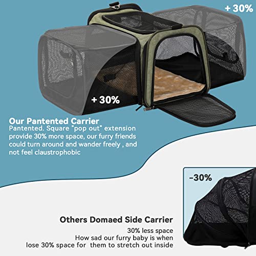 Petsfit Pet Carrier Airline Approved, Cat Carrier with Locking Zipper and Shoulder Strap, Storage Pockets, Expandable Pet Carrier Small Dog Carrier up to 15 Pounds Army Green M - color: Green, size: 17.0"L x 11.0"W x 11.0"H
