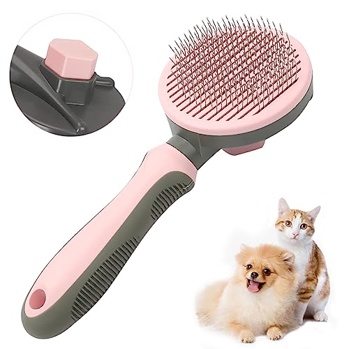 Pet Hair Brush, Cat Brush Self Cleaning Slicker Brush, Dog Brush for Shedding and Grooming, Pet Brush for Short and Long Haired Dogs Cats Rabbits, Removes Loose Undercoat & Tangled Hair (Pink)