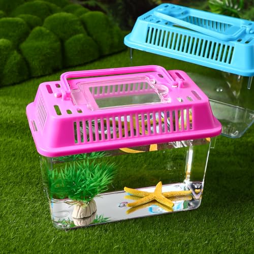 STOBOK Portable Fish Tank Handheld Aquarium Plastic Fish Tank with Handle Transparent Turtle Box Breeding Case for Goldfish Turtle Small Pet Travel 5.90 X 4.33 X 3.74 in