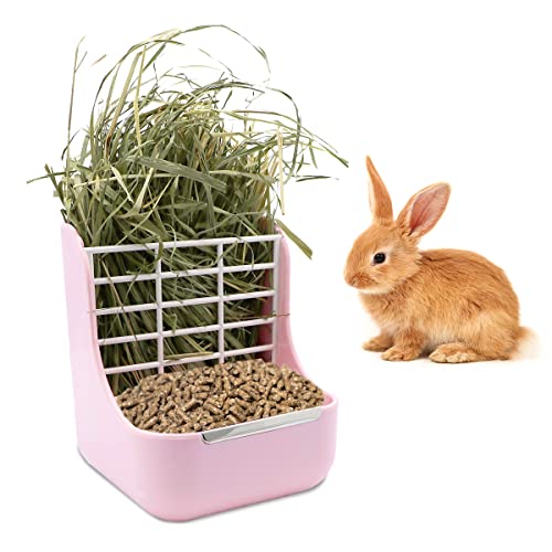 Litewoo Rabbit Hay Feeder Food Bowl Feeding Rack for Small Animal Guinea Pig Chinchilla Bunny Cage Accessories | Bunny food bowl & hay rack, durable plastic, chew-resistant, for small animal/chinchilla/cage, 5.9x6.7x7.09in, easy to clean - color: Pink