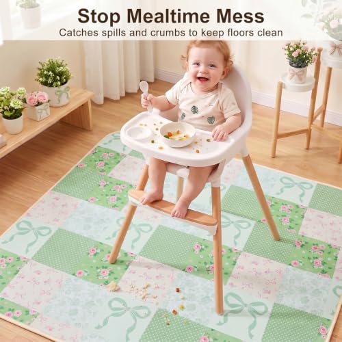 Basumee Splat Mat for Under High Chair, Waterproof & Mess-Proof Floor Mat | 46"×42" Baby Splash Mat, Non Slip Bottom, 4-Layer Fabric, Food & Liquid Catcher, Machine Wash for Boy Girl, Meals, BLW, Craft - color: Green Pink Gingham, size: 46x42 Inches