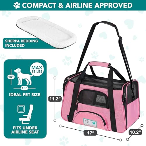PetAmi Airline Approved Pet Carrier for Cats & Small Dogs, Small, Pink | Soft Sided TSA Travel Bag, Sherpa Bed, Breathable Mesh Ventilation, Collapsible Bowl, Fits Under Seat, Up to 18 lbs - color: Pink, size: Small - 17"L x 10.2"W x 11.2"H
