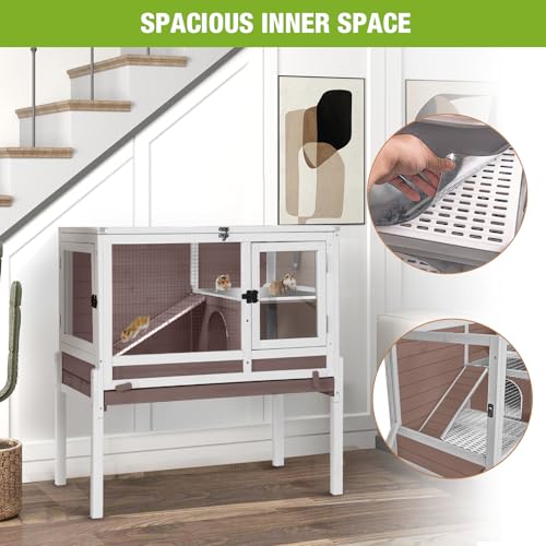 Wooden Guinea Pig Cages Indoor,Two-Story Wooden Rabbit Cage Hutch with Removable Stand and Pull Out Tray, Small Animals Cage Habitat with Ramp and Plastic Mesh(Brown&White) - color: Brown&White