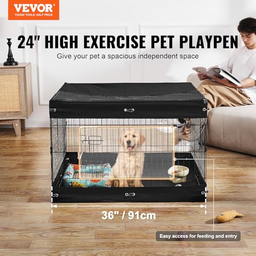 VEVOR Dog Playpen, 4 Pcs 24 x 36 in Panels Foldable Metal Pet Exercise Pen, Dog Fence Indoor and Outdoor Pen with Door, Top Cover, and Bottom Pad, Pet Playpen for Dogs, Cats and Other Small Animals - size: 4 panels 24*36in, style: Playpen + Top Cover & Bo