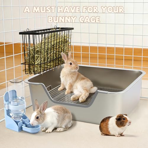 BWOGUE Large Stainless Steel Rabbit Litter Box, Bunny Litter Box with Grid | Raised Grid for Waste Separation, Hay Feeder, Water Dispenser, Easy-Clean Design, Guinea Pigs, Small Animals - size: M:17.7in ×13.8in × 5.9inches