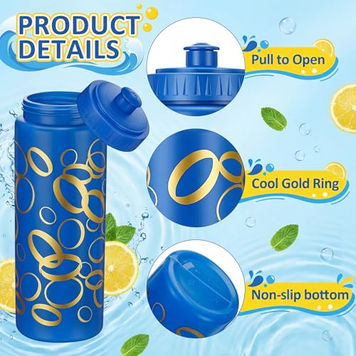 12 Pack Blue with Gold Ring Themed Party Favors 20 oz Reusable Plastic Water Bottles with Pull-top Lids, Cartoon Theme Water Bottles for Birthday Baby Shower Game Party decorations - style: Gold Rings