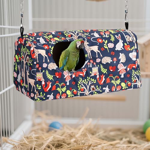 Bird Nest House Cage Hanging Hammock Shed Hut Hideaway Large Size | Snuggle Bird Cage Hanging Nest Tent Forest Animals Pattern Hideaway Bird Hut for Parakeet Cockatiel Conure Finches Love Birds - style: L