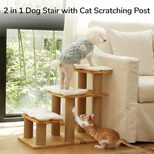 FUKUMARU Dog Stairs, Solid Wood Pet Stairs with Cat Scratching Post | Transformable Cat Step Hold Up to 200 lbs, 20" Pet Ramp for Dogs and Cats to Climb High Bed and Couch, Over 6 Combinations - color: White