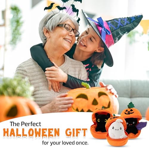 Plushland Halloween Zip-Up Pumpkin Stuffed Animal Plush Toys,Hideaway Spooky Black Cat Bat Ghost Plush Halloween Toy for Festive Decorations & Fun Surprises 6 Inches (Ghost) - style: Ghost
