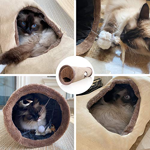 Collapsible Cat Tunnel Pet Play Tube Crinkle Tunnel with Cat Toys，Length 35" Diameter 9.7" - color: Brown, size: 35 inch