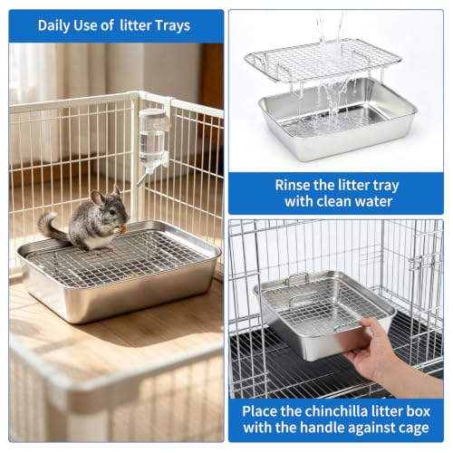 Chinchilla Litter Box with Grid, Stainless Steel Tray, Potty Trainer | 304 Stainless Steel Tray, 0.55 in Grid Separates Droppings, Chew-Resistant Build, Easy Rinse Clean, Odor-Resistant Surface
