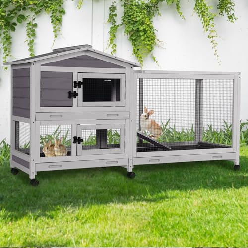GUTINNEEN Large Rabbit Hutch Indoor with Chew-Proof Ramp, 62" L Wooden Rabbit Cage with 6 Casters, Bunny Cage with 2 Trays and 2 Story for Small to Medium Animals (Grey) - color: Grey