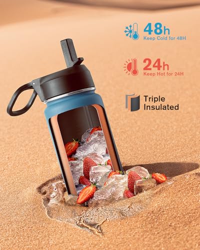 Coolflask 24 oz Insulated Water Bottle with Straw & 3 Leakproof Lids | Water Flask Stainless Steel Triple-Wall Vacuum, Cupholder Friendly, Cold 48+h, Dishwasher Safe, Non-BPA, for Gym & Hiking - color: Samurai Cyan, size: 24 Ounces
