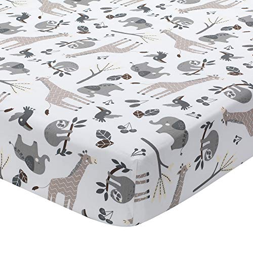 Lambs & Ivy Baby Jungle Animals White/Gray/Taupe Cotton Fitted Crib Sheet - color: Baby Jungle