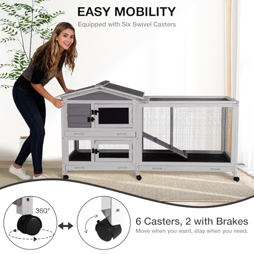 62″ 2-Story Large Rabbit Hutch, Indoor & Outdoor Bunny Cage with Chew-Proof Ramp, 3 Leakproof Pull-Out Trays, Waterproof Roof, 6 Lockable Wheels, for Rabbits & Guinea Pigs - color: (Grey)