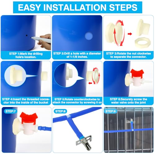 OCQOTAT Automatic Rabbit Watering System,Quail Rabbit Water Bottle Dispenser 8 Nipples Drinker,ID 5/16" Hose 19.68 Feets,Barb Fittings to G1/2" Thread,T-Fittings,Springs,Gaskets,Bucket Connector - color: Blue Rabbit Watering System Set