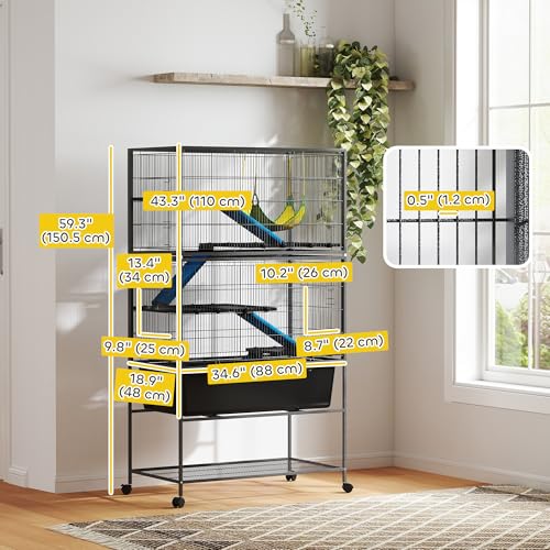 PawHut 59" 5-Level Small Animal Cage, Rolling Ferret Chinchilla Cage with Slide Out 6.3" Deep Tray, Non-Slip Cloth Covered Ramps, Hammock, for Rabbits, Pet Mink, Squirrel, Dark Gray | Ferret Chinchilla Cage, Slide Out 6.3" Deep Tray, Non-Slip Cloth Covere