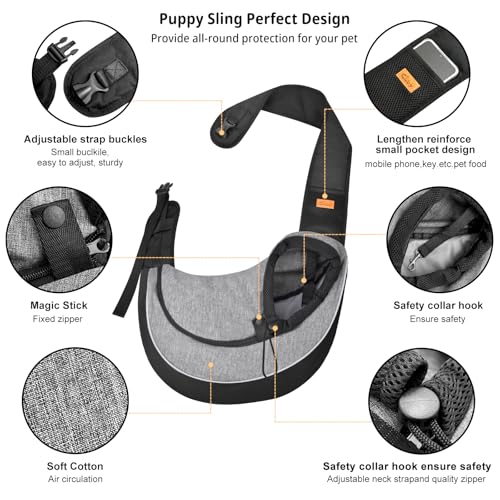 Pet Sling Carrier for Small Dogs Cats,Drawstring & Zipper Security Hook Triple Designs for Pets' Securty Dog Bag,Breathable Travel Pet Puppy Sling Carrier with Adjustable Strap(L (10-14 lbs)) - color: Black Grey, size: L (10-14 lbs)