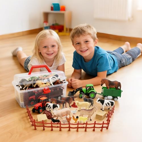 Kimicare 3 Pack Farm Toy Tractor with 40pcs Plastic Farm Animals Figurines and Fence Farm Playset, Farm Figures Farmer Vehicle Toy Truck with Trailer Birthday Gifts Christmas Stocking Stuffers - style: Farm Animals Figures