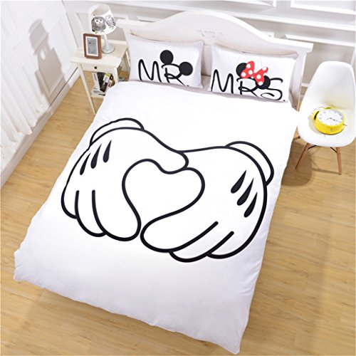 Microfiber Reversible Mickey Mouse Mr/Mrs Couples Duvet Cover 3PCS Bedding Set with Zipper Closure - Ultra Soft Lightweight and Easy Care, Queen - color: White2, size: Queen