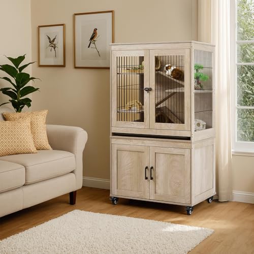 unipaws Ferret Cage with Storage and Ramp, Large Vertical Hamster Cage | Iguana, Rabbits, Chinchillas, Pet Rats, Guinea Pigs - Multi-Level Small Animal Cage with Platforms, and Wheels - size: 55“H