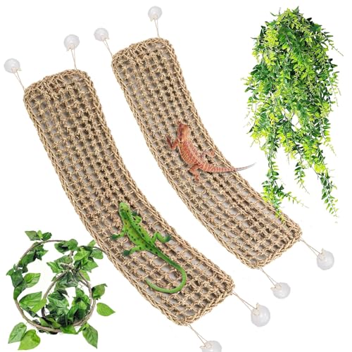 Tfwadmx 2 Pack Large Bearded Dragon Hammock,30"x7"Lizard Climbing Lounger,Natural Seagrass Reptile Hammocks Tank Accessories with Flexible Vines Jungle Leaves Decor for Geckos Snakes Chameleon