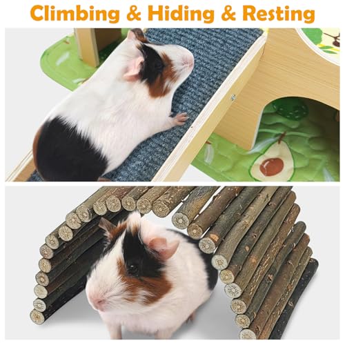 Fhiny Guinea Pig Hideout, Wooden Guinea Pig Castle with Ramp Bridge and Soft Mat Large Small Animal House Piggies Hideaway Hamster Habitat Decor for Chinchilla Hedgehog Squirrel Hamster Gerbil Rat