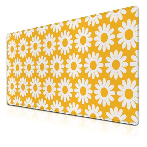 Computer Desk Mat Yellow Desk Mats, Large Gaming Mouse Pads Keyboard Mouse Pad, Mouse Mat Non-Slip Rubber Base Waterproof with Stitched Edges, 35.4 X 15.7 inch for Work/Game/Office/Home - color: Yellow Flowers