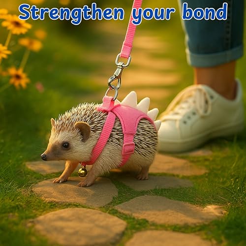 Hedgehog Leash and Harness Clothes Accessories, Adjustable Leash and Harness with Safe Bell, Dinosaur Shaped Outfit, Hamster Clothes For Ferret Hamster, Hedgehog Accessories, Guinea Pig Outfits (Pink) - color: Pink