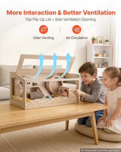 VEVOR Wooden Hamster Cage 31.9"x16.1"x16.1" 270° Viewing Hamster Habitat, Chewproof Acrylic Small Animal Cage with Openable Top, Large Pet Enclosure for Syrian/Dwarf Hamsters, Guinea Pigs & Gerbils - size: 31.9"L x 16.1"W x 16.1"H