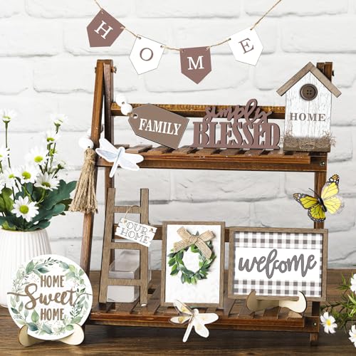 FairySandy Set of 11 Farmhouse Tiered Tray Decor Rustic Home Tiered Tray Decorations Set Wooden Signs Home This is Us Farmhouse Tabletop Wood Signs for Kitchen Table Shelf Decor - style: Greenery