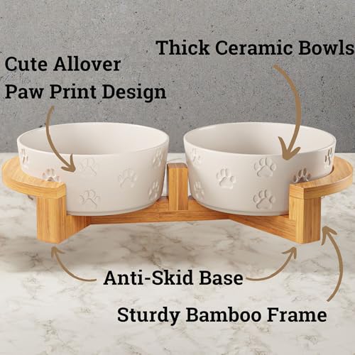 Ceramic Dog Bowl Set of 2, Anti-Skid Bamboo Stand, Elevated, 3.8 Cups Each | Thick Ceramic Food and Water Bowls Set of 2, Dishwasher Safe, Anti-Skid Rubber Base, 3.8 Cups per Bowl, Sturdy Bamboo Stand - color: White with Stand, size: Medium