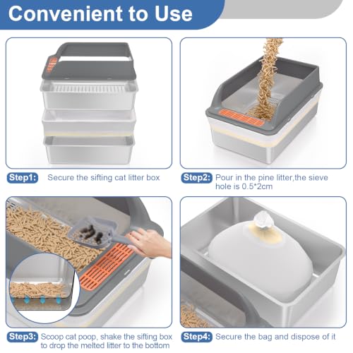 2PACK Stainless Steel Sifting Litter Box with Lid, Sifting Cat Litter Box for Pine Pellets & Big Cats,Metal Pellet Sifter Litter Pan System for Odor Control,Sifting Box Liners & Scoop - size: S【2Pack】