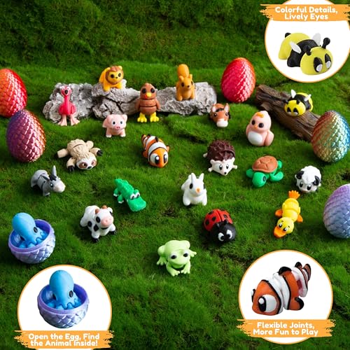 MONJITA 21 Pcs 3D Printed Easter Eggs with 21 Pcs Mini Animal Figurines Inside, Flexible Articulated Fidget Toys, Party Favors, Easter Basket Stuffers, Gifts for Kids Students Carnival Prizes - size: 21pcs eggs & 21pcs animals