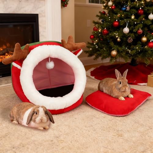 BWOGUE Christmas Guinea Pig Hideout, Washable Rabbit Cave, Winter Bunny Bed | Guinea Pig Christmas Cage Accessories, 13.8 in Large Rabbit Hideout, Machine-Washable Pad, Plush Fabric, Non-Slip Base - size: Large