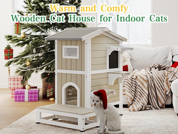 Outdoor Cat House Weatherproof Cats Shelter for Feral Kitten Pet Houses for 1-2 Small Animlas 2 Story Wooden Houses for Indoor Outdoor Cats with Escape Doors (29.7" D x 22.8" W x 35.4" H) - style: 29.7"D x 22.8"W x 35.4"H