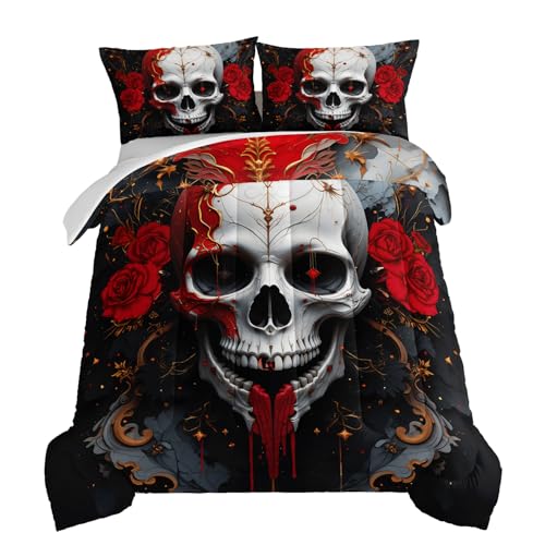 HOSIMA Death Skull Queen Bedding Sets for Boys,Symmetrical Skull Surrounded by Red Roses Print Gothic Comforter Set,Horror Themed Halloween Comforter for Teens Girls Room Decor with 2 Pillowcases. - color: Black-white, size: Queen