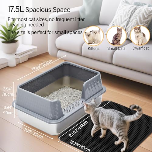 Stainless Steel Litter Box with Lid Cover Mats Scooper, Kitten Litter Box Low Entry, Suitable for Small Space Senior Cats, Side Entry, Grey Enclosure - size: Medium