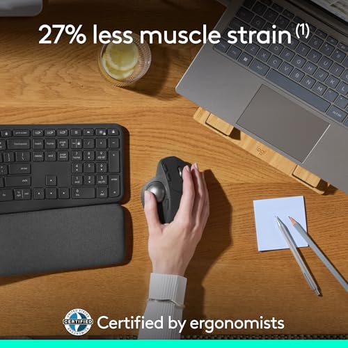 Logitech MX Ergo S Advanced Wireless Trackball Mouse USB C - Graphite | Advanced ergonomic design, rechargeable battery, Bluetooth and encrypted dongle, 6 programmable buttons, PC/Mac compatible - color: Graphite