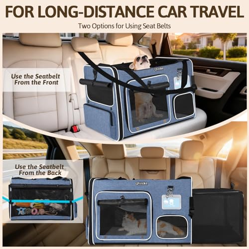 Side Expandable Extra Large Cat Carrier with Litter Box, Blue | 24"L x 17"W x 17"H, Privacy Curtain and Lockable Safety Zippers, for Long Distance Car Travel, Cats Under 55 lbs - color: blue