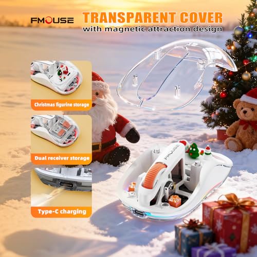FMOUSE Transparent Wireless Mouse, Tri-Mode Bluetooth & 2.4GHz, White | Santa Claus Figurines | USB-A & USB-C Receiver | Rechargeable | MacBook Laptop iPad PC | Silent Clicks | Portable | RGB - color: White - Christmas Special Edition