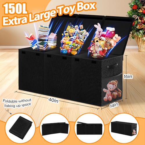 Large Toy Storage Box with Lid, Dividers, Collapsible Kids Toy Chest, Black | Toy Box for Boys, Girls, Nursery, Bedroom, Living Room, Playroom, 40X14X16 inches - color: Extra Large Black