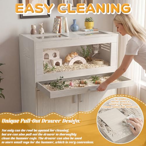 Hamster Cage with Storage Cabinet Detachable, Large Wooden Small Animal Habitat with Easy-Clean Drawer & Acrylic Panels for Guinea Pig, Rabbit, Hedgehog, Chinchilla (Beige) - color: Beige