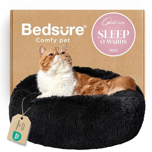 Bedsure Calming Cat Beds Donut Round Washable Kitten Bed,20 inches Black | Fluffy Faux Fur Cuddler,Anti-Slip Bottom,Anti-Anxiety,Deep Sleeping for Cats&Small Pets Up to 15 Lbs - color: Black, size: 20"L x 20"W x 6"Th