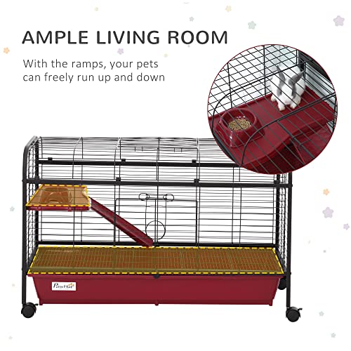 PawHut 41" L Small Animal Cage Rabbit Hutch with Feeder, Rolling Wheels Red | Ferret Pet Play House, Platform, Ramp - size: 41.5"L x 17.3"W x 26.0"H