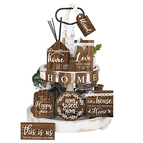 11 Pcs Home Tiered Tray Decor Sweet Home Rustic Farmhouse Tiered Tray Decorations Set Spring Wooden Signs Vintage Farm Animal Farmhouse Tabletop Wood Signs for Kitchen Table Shelf Decor - style: Vintage