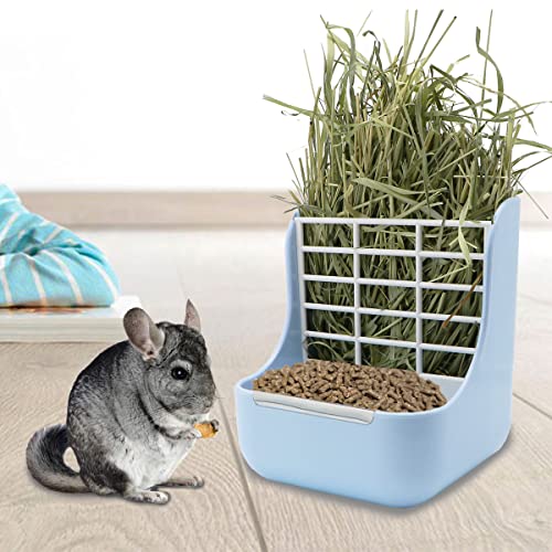 Litewoo Rabbit Hay Feeder 2 in 1 Automatic Guinea Pig Food Bowl, Blue | Bunny food bowl & hay rack, durable plastic, chew-resistant, for small animal/chinchilla/cage, 5.9x6.7x7.09in, easy to clean - color: Blue