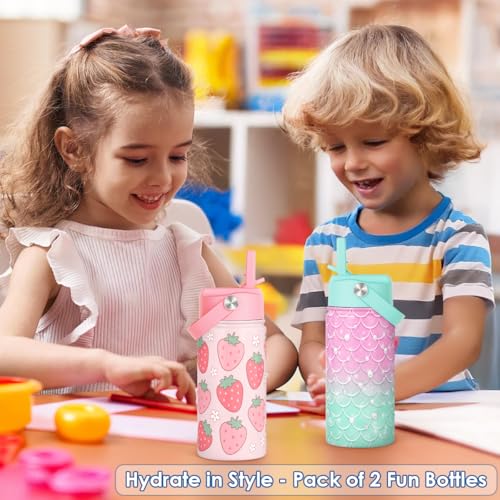 SANDJEST Kids Water Bottle with Straw Lid, Pack of 2 Insulated 12 Oz Stainless Steel Water Bottles for Girls, Travel Cup for School Sports, Mermaid - Strawberry - color: Mermaid - Strawberry (Pack 2)